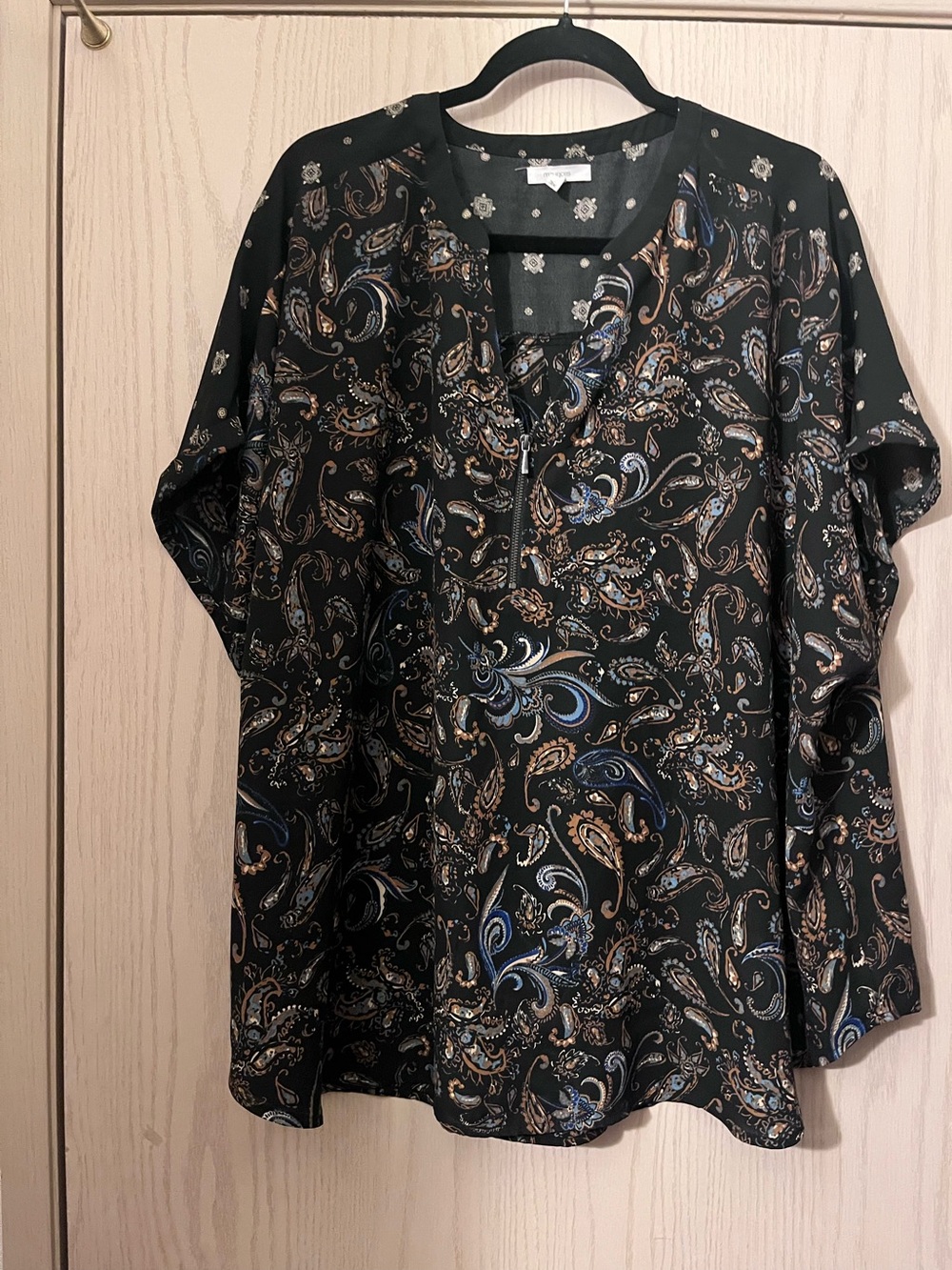 Maurices Black Paisley V-Neck Tunic with Blue and Brown Accents